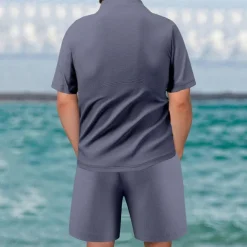 Men's Waffle Shirt T-shirt Suits 2 Pieces Outfits Tee & Shorts Short Sleeve Quarter Zip Summer Plain Fashion Casual 2 Piece Vacation Daily Wear Going out Black khaki Gray Top Tee for Men