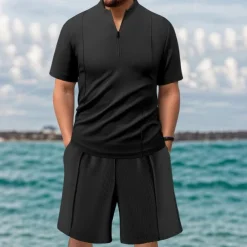 Men's Waffle Shirt T-shirt Suits 2 Pieces Outfits Tee & Shorts Short Sleeve Quarter Zip Summer Plain Fashion Casual 2 Piece Vacation Daily Wear Going out Black khaki Gray Top Tee for Men