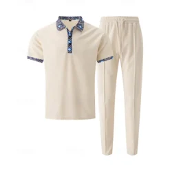 Men's Waffle Shirt T-shirt Suits Shirt and Pant Sets 2 Pieces Outfits Short Sleeve Lapel Summer Color Block Fashion Casual Patchwork 2 Piece Vacation Daily Wear Going out Black White Royal Blue Top