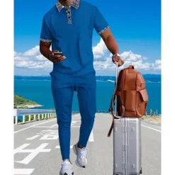 Men's Waffle Shirt T-shirt Suits Shirt and Pant Sets 2 Pieces Outfits Short Sleeve Lapel Summer Color Block Fashion Casual Patchwork 2 Piece Vacation Daily Wear Going out Black White Royal Blue Top