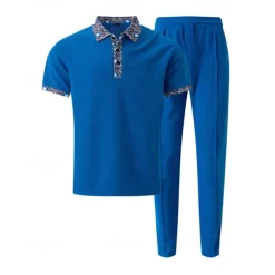 Men's Waffle Shirt T-shirt Suits Shirt and Pant Sets 2 Pieces Outfits Short Sleeve Lapel Summer Color Block Fashion Casual Patchwork 2 Piece Vacation Daily Wear Going out Black White Royal Blue Top