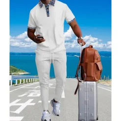 Men's Waffle Shirt T-shirt Suits Shirt and Pant Sets 2 Pieces Outfits Short Sleeve Lapel Summer Color Block Fashion Casual Patchwork 2 Piece Vacation Daily Wear Going out Black White Royal Blue Top