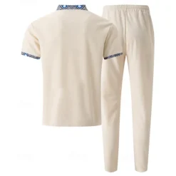 Men's Waffle Shirt T-shirt Suits Shirt and Pant Sets 2 Pieces Outfits Short Sleeve Lapel Summer Color Block Fashion Casual Patchwork 2 Piece Vacation Daily Wear Going out Black White Royal Blue Top