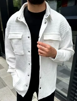 Men's Waffle Shirt Waffle Henley Shirt Shirt Jacket Overshirt Plain Outdoor Daily Wear Black White Brown Long Sleeve Lapel Fall & Winter Clothing Apparel Pocket