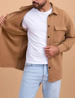 Men's Waffle Shirt Waffle Henley Shirt Shirt Jacket Overshirt Plain Outdoor Daily Wear Black White Brown Long Sleeve Lapel Fall & Winter Clothing Apparel Pocket