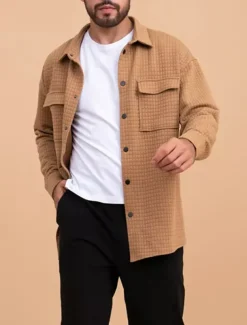 Men's Waffle Shirt Waffle Henley Shirt Shirt Jacket Overshirt Plain Outdoor Daily Wear Black White Brown Long Sleeve Lapel Fall & Winter Clothing Apparel Pocket
