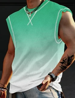 Men's Waffle Shirt Waffle Tank Top Tank Top Vest Top Sleeveless Crew Neck Summer Gradient Fashion Designer Muscle Outdoor Going out Gym Pink Blue Orange Top Tee for Men