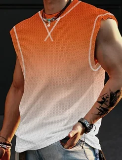 Men's Waffle Shirt Waffle Tank Top Tank Top Vest Top Sleeveless Crew Neck Summer Gradient Fashion Designer Muscle Outdoor Going out Gym Pink Blue Orange Top Tee for Men