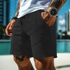 Men's Waffle Shorts Shorts Summer Shorts Casual Shorts Pocket Drawstring Elastic Waist Plain Comfort Breathable Short Outdoor Vacation Sport Casual Black White Micro-elastic
