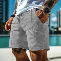 Men's Waffle Shorts Shorts Summer Shorts Casual Shorts Pocket Drawstring Elastic Waist Plain Comfort Breathable Short Outdoor Vacation Sport Casual Black White Micro-elastic