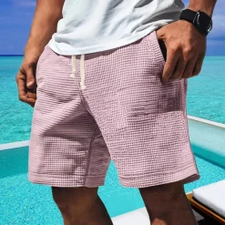 Men's Waffle Shorts Shorts Summer Shorts Casual Shorts Pocket Elastic Waist Drawstring Plain Comfort Breathable Short Outdoor Vacation Sport Casual White Blue