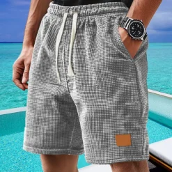 Men's Waffle Shorts Shorts Summer Shorts Casual Shorts Pocket Drawstring Elastic Waist Plain Comfort Breathable Short Outdoor Vacation Sport Casual Black White Micro-elastic