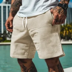 Men's Waffle Shorts Summer Shorts Casual Shorts Pocket Elastic Waist Drawstring Plain Comfort Breathable Short Vacation Holiday Casual Army Green Apricot