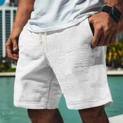 Men's Waffle Shorts Sweat Shorts Shorts Bermuda shorts Beach Shorts Elastic Waist Drawstring Plain Comfort Sports Knee Length Outdoor Daily Vacation Classic Style White Blue Micro-elastic