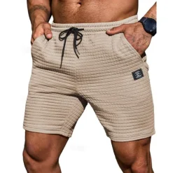 Men's Waffle Shorts Sweat Shorts Shorts Summer Shorts Pocket Drawstring Elastic Waist Solid Color Comfort Breathable Knee Length Casual Daily Vacation Fashion Black Khaki Inelastic