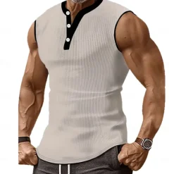 Men's Waffle Tank Top Henley Shirt Vest Top Sleeveless Shirt Sleeveless Henley Summer Plain Fashion Designer Muscle Buttons Outdoor Gym Black White Dark Red Top Tee for Men