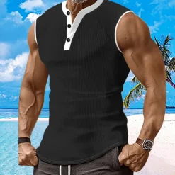 Men's Waffle Tank Top Henley Shirt Vest Top Sleeveless Shirt Sleeveless Henley Summer Plain Fashion Designer Muscle Buttons Outdoor Gym Black White Dark Red Top Tee for Men