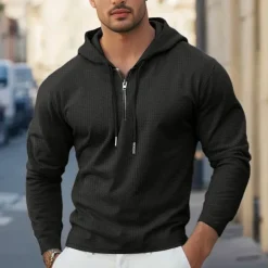Men's Waffle Tee T Shirt Zip Up Hoodies Long Sleeve Hoodie Spring Fall Spring & Fall Solid Color Knitwear Daily Color-Blocking Outdoor Causal Casual Black White Light Gray Top Tee for Men