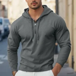 Men's Waffle Tee T Shirt Zip Up Hoodies Long Sleeve Hoodie Spring Fall Spring & Fall Solid Color Knitwear Daily Color-Blocking Outdoor Causal Casual Black White Light Gray Top Tee for Men