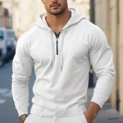 Men's Waffle Tee T Shirt Zip Up Hoodies Long Sleeve Hoodie Spring Fall Spring & Fall Solid Color Knitwear Daily Color-Blocking Outdoor Causal Casual Black White Light Gray Top Tee for Men