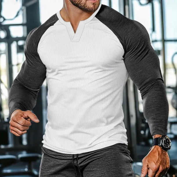 Men's Waffle Tee Waffle Shirt T Shirt Tee Top Long Sleeve V Neck Spring & Fall Color Block Fashion Designer Basic Patchwork Street Sport Casual Daily Black Gray Navy Blue Top Tee for Men