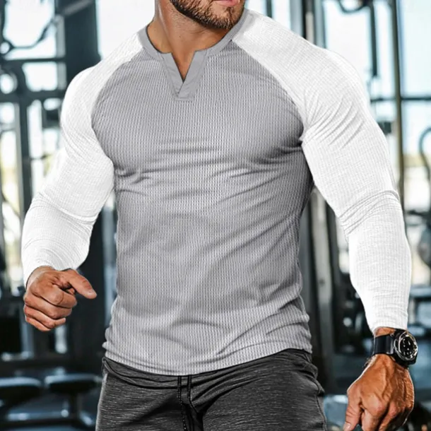 Men's Waffle Tee Waffle Shirt T Shirt Tee Top Long Sleeve V Neck Spring & Fall Color Block Fashion Designer Basic Patchwork Street Sport Casual Daily Black Gray Navy Blue Top Tee for Men