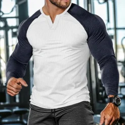 Men's Waffle Tee Waffle Shirt T Shirt Tee Top Long Sleeve V Neck Spring & Fall Color Block Fashion Designer Basic Patchwork Street Sport Casual Daily Black Gray Navy Blue Top Tee for Men