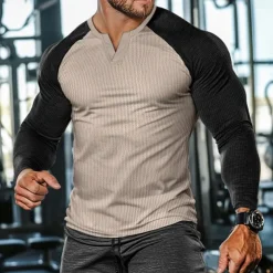 Men's Waffle Tee Waffle Shirt T Shirt Tee Top Long Sleeve V Neck Spring & Fall Color Block Fashion Designer Basic Patchwork Street Sport Casual Daily Black Gray Navy Blue Top Tee for Men