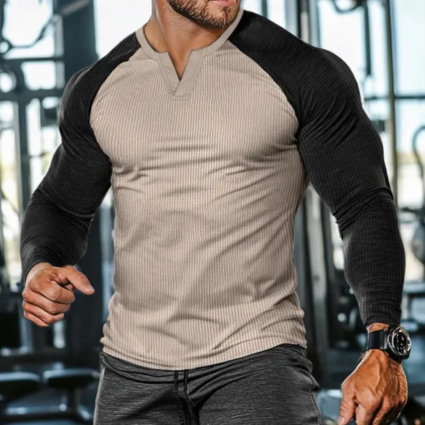 Men's Waffle Tee Waffle Shirt T Shirt Tee Top Long Sleeve V Neck Spring & Fall Color Block Fashion Designer Basic Patchwork Street Sport Casual Daily Black Gray Navy Blue Top Tee for Men