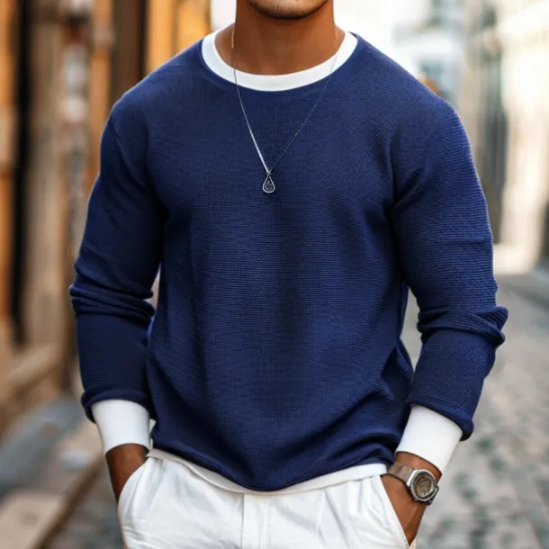 Men's Waffle T-shirt Pullover Sweatshirt Tee Top Long Sleeve Shirt Long Sleeve Crew Neck Spring & Fall Plain Fashion Designer Basic Fashion Fake two piece Vacation Street Going out Dark Brown Army