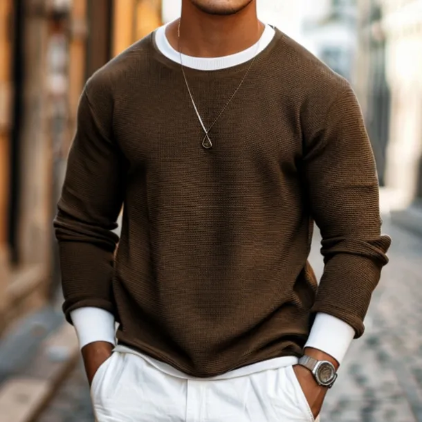 Men's Waffle T-shirt Pullover Sweatshirt Tee Top Long Sleeve Shirt Long Sleeve Crew Neck Spring & Fall Plain Fashion Designer Basic Fashion Fake two piece Vacation Street Going out Dark Brown Army