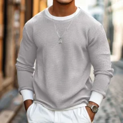 Men's Waffle T-shirt Pullover Sweatshirt Tee Top Long Sleeve Shirt Long Sleeve Crew Neck Spring & Fall Plain Fashion Designer Basic Fashion Fake two piece Vacation Street Going out Dark Brown Army