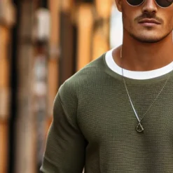 Men's Waffle T-shirt Pullover Sweatshirt Tee Top Long Sleeve Shirt Long Sleeve Crew Neck Spring & Fall Plain Fashion Designer Basic Fashion Fake two piece Vacation Street Going out Dark Brown Army