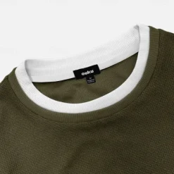 Men's Waffle T-shirt Pullover Sweatshirt Tee Top Long Sleeve Shirt Long Sleeve Crew Neck Spring & Fall Plain Fashion Designer Basic Fashion Fake two piece Vacation Street Going out Dark Brown Army