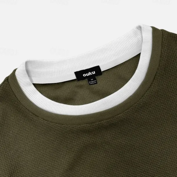 Men's Waffle T-shirt Pullover Sweatshirt Tee Top Long Sleeve Shirt Long Sleeve Crew Neck Spring & Fall Plain Fashion Designer Basic Fashion Fake two piece Vacation Street Going out Dark Brown Army