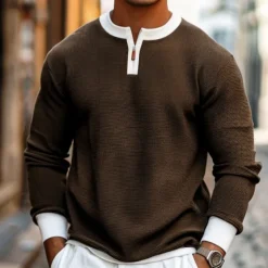 Men's Waffle T-shirt Quarter Zip Tee Tee Top Long Sleeve Shirt Long Sleeve Crewneck Spring & Fall Color Block Fashion Designer Basic Zipper Fake two piece Vacation Street Going out Dark Brown Army