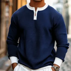 Men's Waffle T-shirt Quarter Zip Tee Tee Top Long Sleeve Shirt Long Sleeve Crewneck Spring & Fall Color Block Fashion Designer Basic Zipper Fake two piece Vacation Street Going out Dark Brown Army