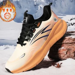 Men's Warm Lined Running Sneakers, Lightweight Cushioned Athletic Shoes with Lace-Up Design for Winter Outdoor Sports and Daily Wear