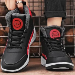 Men's Waterproof High-Top Sneakers with Warm Plush Lining – Stylish Outdoor Athletic Shoes with Yellow Accents and Durable Sole