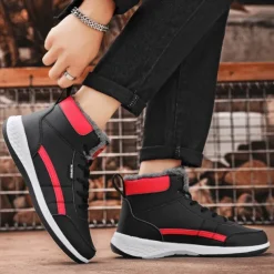 Men's Waterproof High-Top Sneakers with Warm Plush Lining – Stylish Outdoor Athletic Shoes with Yellow Accents and Durable Sole