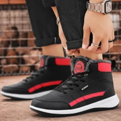 Men's Waterproof High-Top Sneakers with Warm Plush Lining – Stylish Outdoor Athletic Shoes with Yellow Accents and Durable Sole