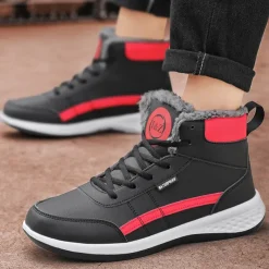 Men's Waterproof High-Top Sneakers with Warm Plush Lining – Stylish Outdoor Athletic Shoes with Yellow Accents and Durable Sole