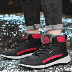 Men's Waterproof High-Top Sneakers with Warm Plush Lining – Stylish Outdoor Athletic Shoes with Yellow Accents and Durable Sole