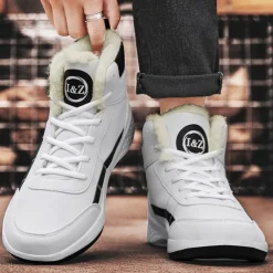 Men's Waterproof High-Top Sneakers with Warm Plush Lining – Stylish Outdoor Athletic Shoes with Yellow Accents and Durable Sole