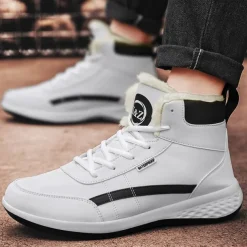 Men's Waterproof High-Top Sneakers with Warm Plush Lining – Stylish Outdoor Athletic Shoes with Yellow Accents and Durable Sole