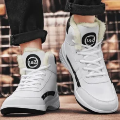 Men's Waterproof High-Top Sneakers with Warm Plush Lining – Stylish Outdoor Athletic Shoes with Yellow Accents and Durable Sole