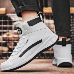 Men's Waterproof High-Top Sneakers with Warm Plush Lining – Stylish Outdoor Athletic Shoes with Yellow Accents and Durable Sole