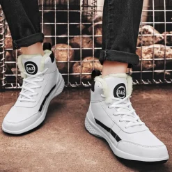 Men's Waterproof High-Top Sneakers with Warm Plush Lining – Stylish Outdoor Athletic Shoes with Yellow Accents and Durable Sole