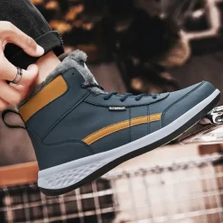 Men's Waterproof High-Top Sneakers with Warm Plush Lining – Stylish Outdoor Athletic Shoes with Yellow Accents and Durable Sole