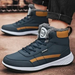 Men's Waterproof High-Top Sneakers with Warm Plush Lining – Stylish Outdoor Athletic Shoes with Yellow Accents and Durable Sole